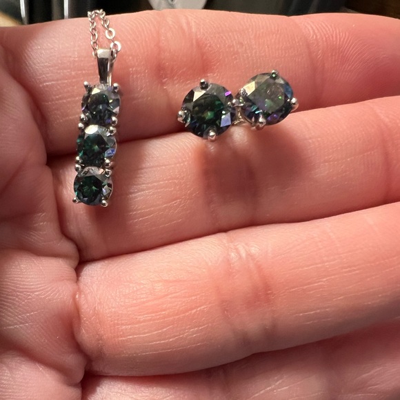 Elegant 3 stone Rainbow Blue Moissanite Pendant on Sterling Silver Necklace - Picture 12 of 12